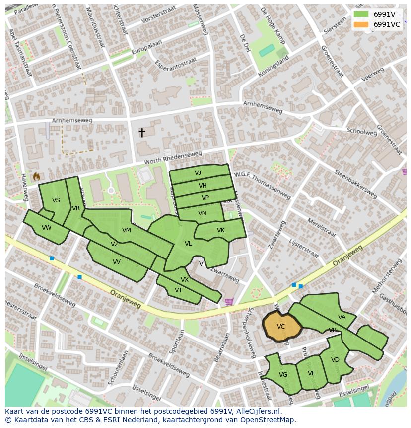 Afbeelding van het postcodegebied 6991 VC op de kaart.