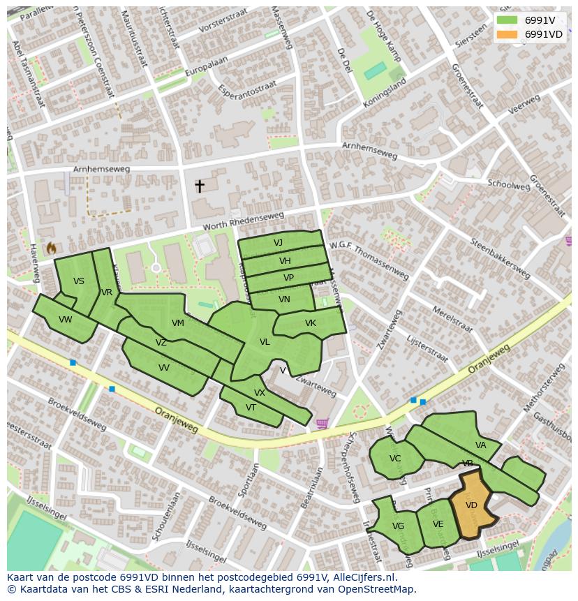 Afbeelding van het postcodegebied 6991 VD op de kaart.