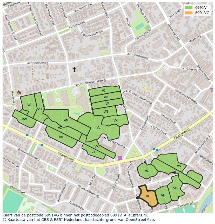 Afbeelding van het postcodegebied 6991 VG op de kaart.