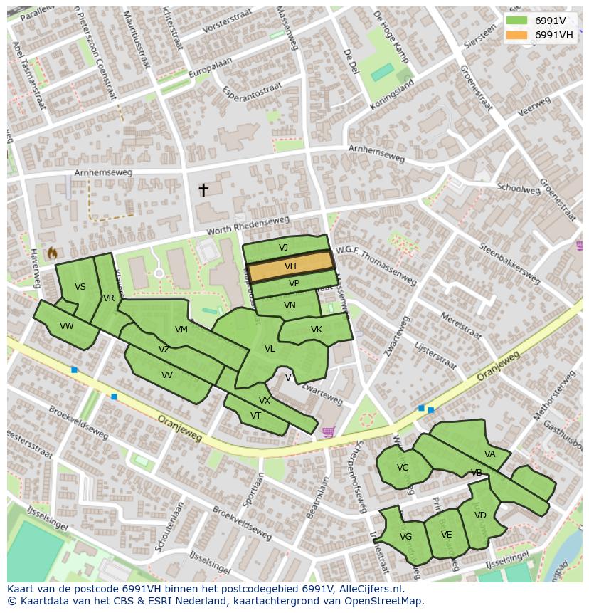 Afbeelding van het postcodegebied 6991 VH op de kaart.