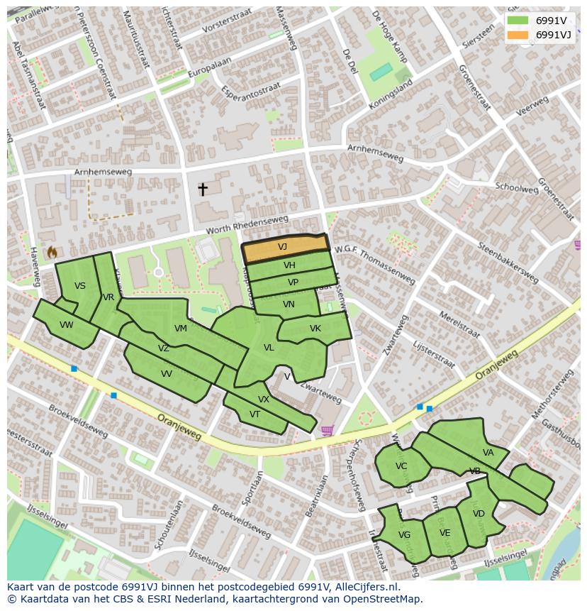 Afbeelding van het postcodegebied 6991 VJ op de kaart.