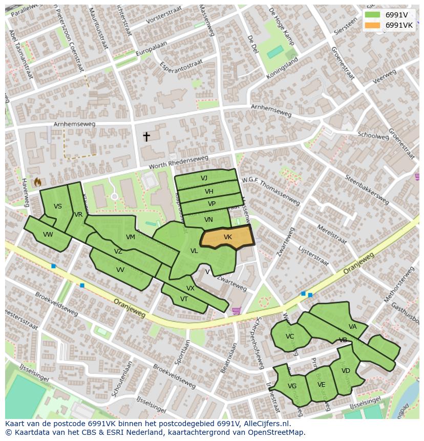 Afbeelding van het postcodegebied 6991 VK op de kaart.