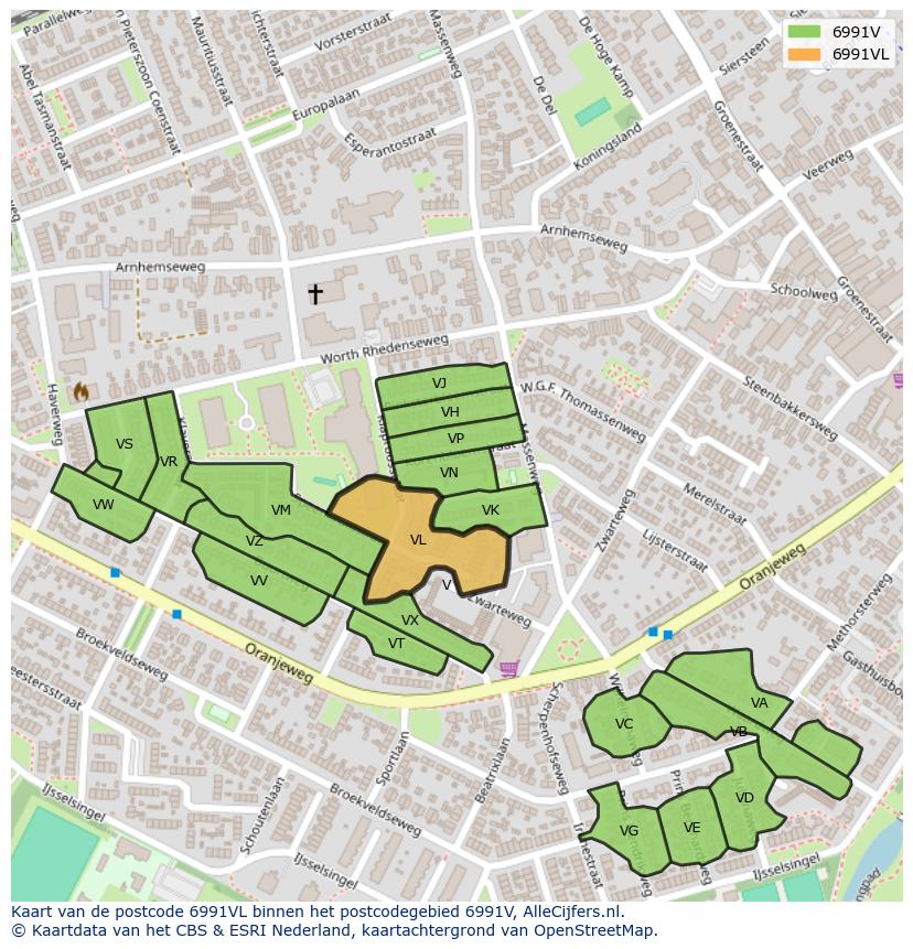 Afbeelding van het postcodegebied 6991 VL op de kaart.