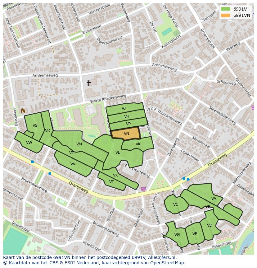 Afbeelding van het postcodegebied 6991 VN op de kaart.