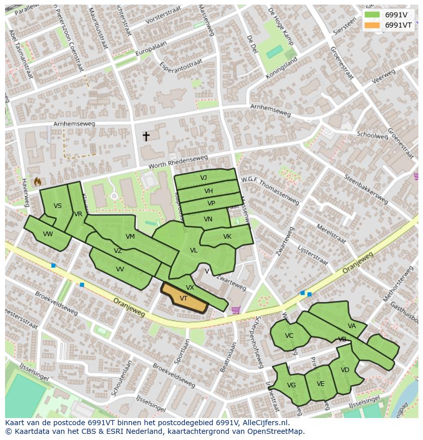 Afbeelding van het postcodegebied 6991 VT op de kaart.
