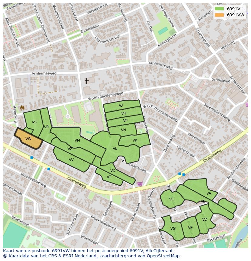 Afbeelding van het postcodegebied 6991 VW op de kaart.