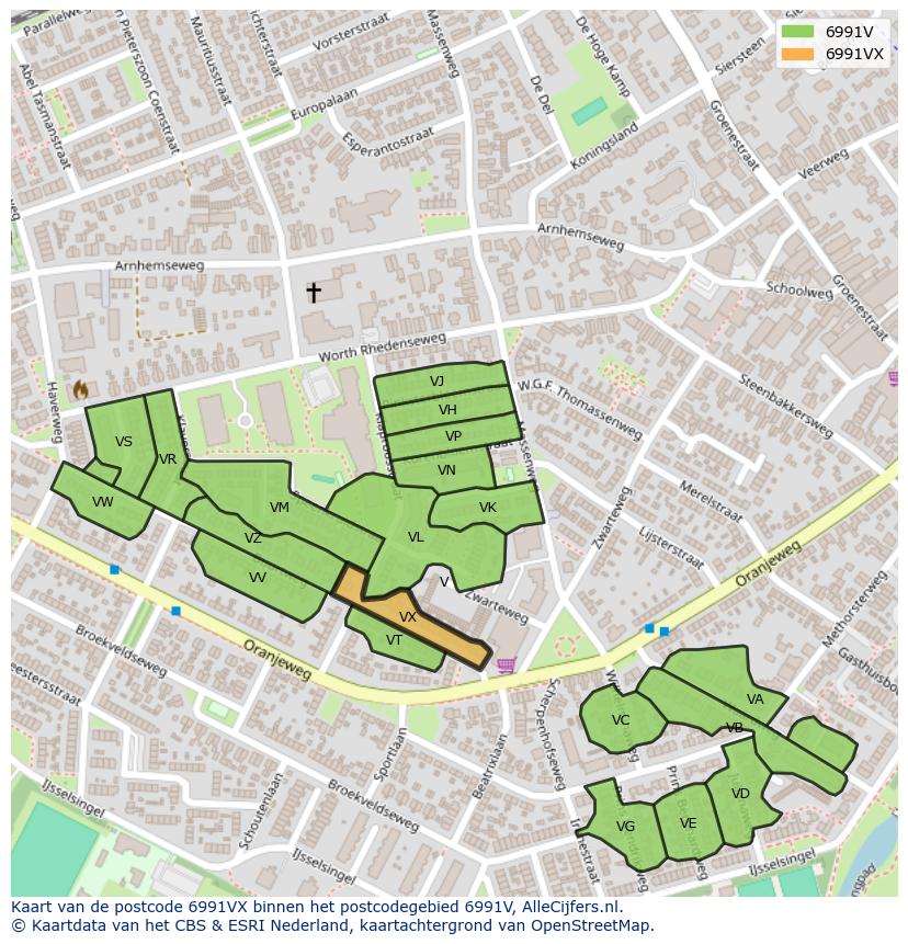 Afbeelding van het postcodegebied 6991 VX op de kaart.