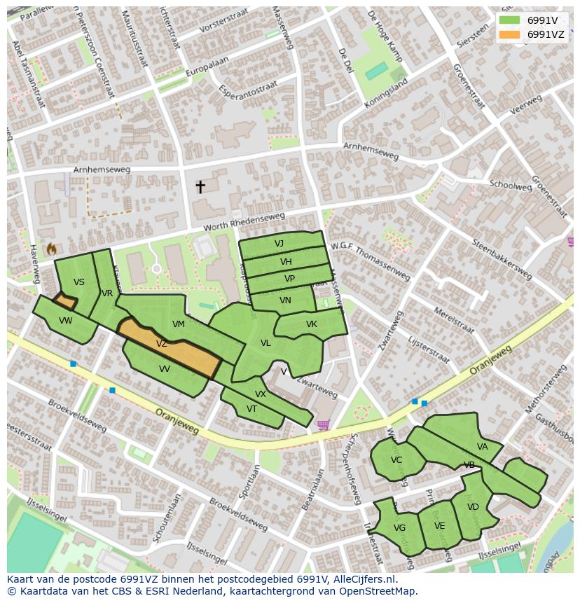 Afbeelding van het postcodegebied 6991 VZ op de kaart.