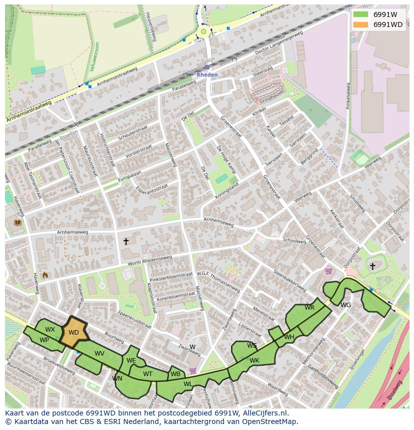 Afbeelding van het postcodegebied 6991 WD op de kaart.