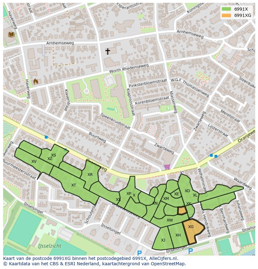 Afbeelding van het postcodegebied 6991 XG op de kaart.
