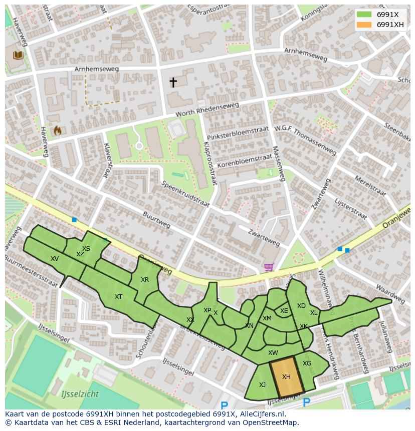 Afbeelding van het postcodegebied 6991 XH op de kaart.