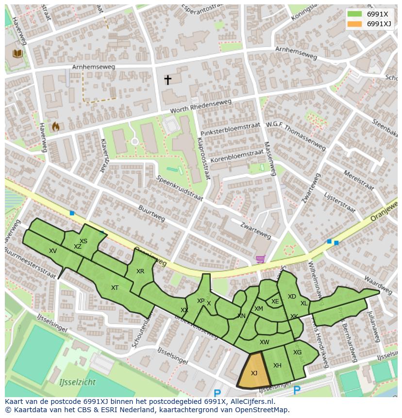 Afbeelding van het postcodegebied 6991 XJ op de kaart.