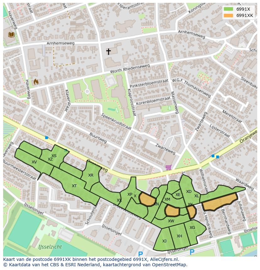 Afbeelding van het postcodegebied 6991 XK op de kaart.