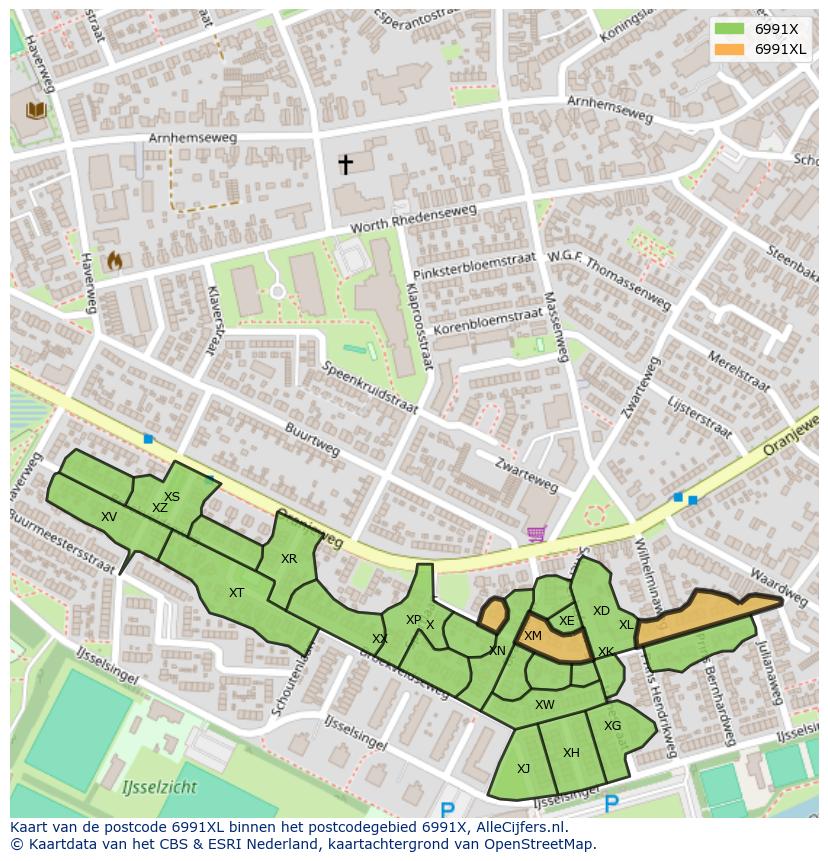 Afbeelding van het postcodegebied 6991 XL op de kaart.