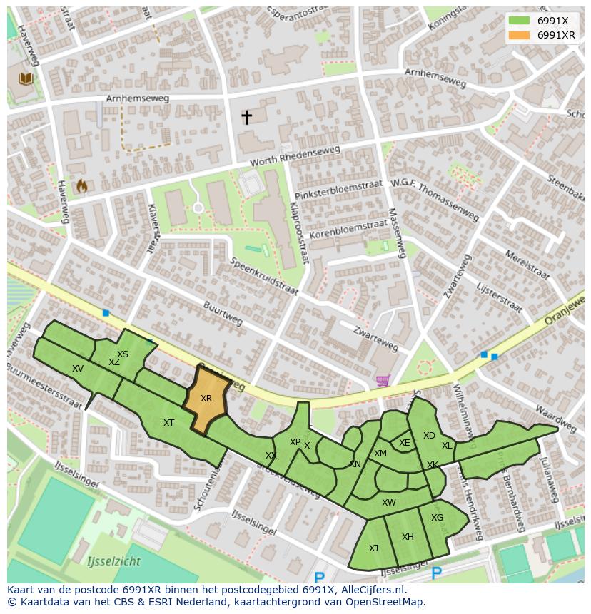 Afbeelding van het postcodegebied 6991 XR op de kaart.