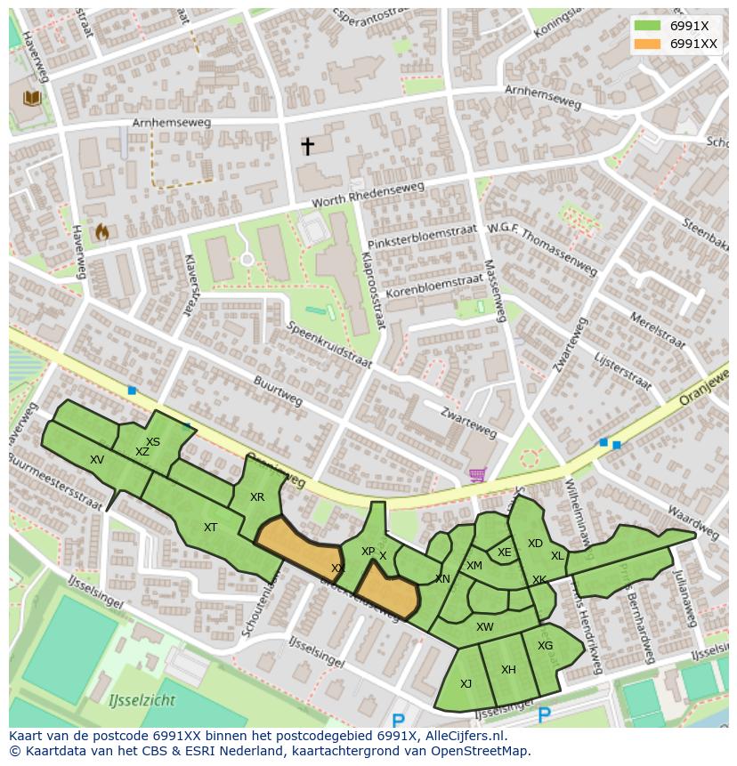 Afbeelding van het postcodegebied 6991 XX op de kaart.
