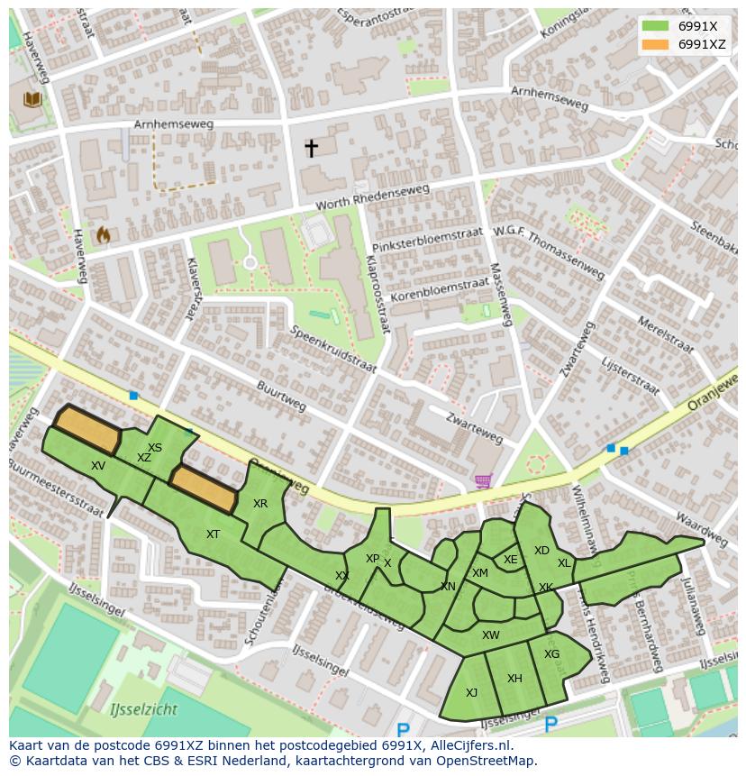 Afbeelding van het postcodegebied 6991 XZ op de kaart.