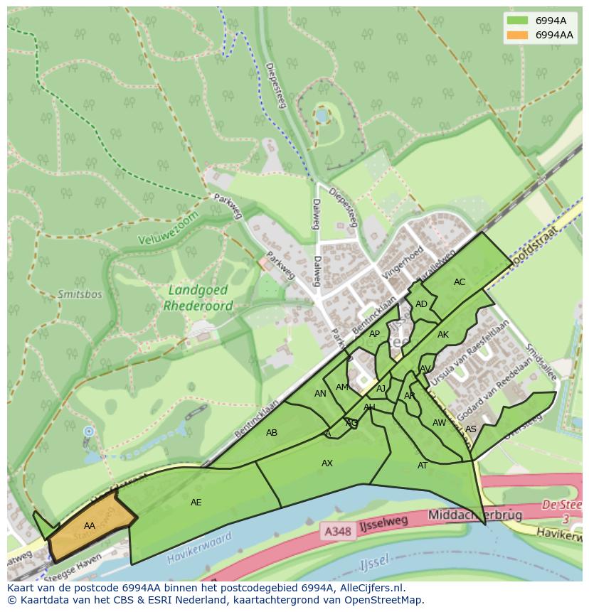 Afbeelding van het postcodegebied 6994 AA op de kaart.
