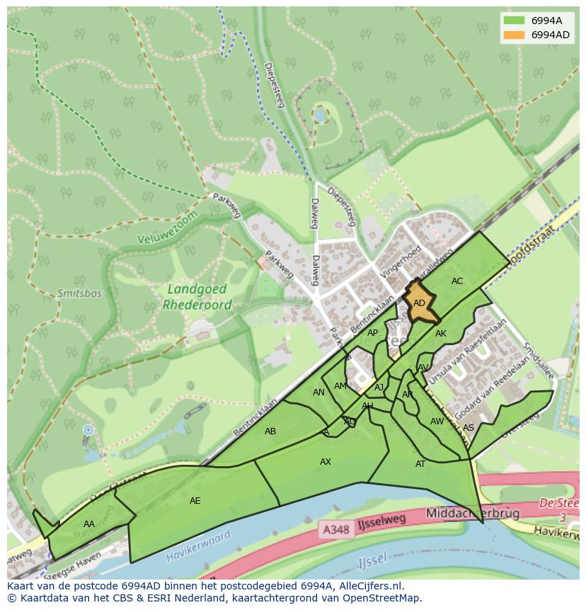 Afbeelding van het postcodegebied 6994 AD op de kaart.