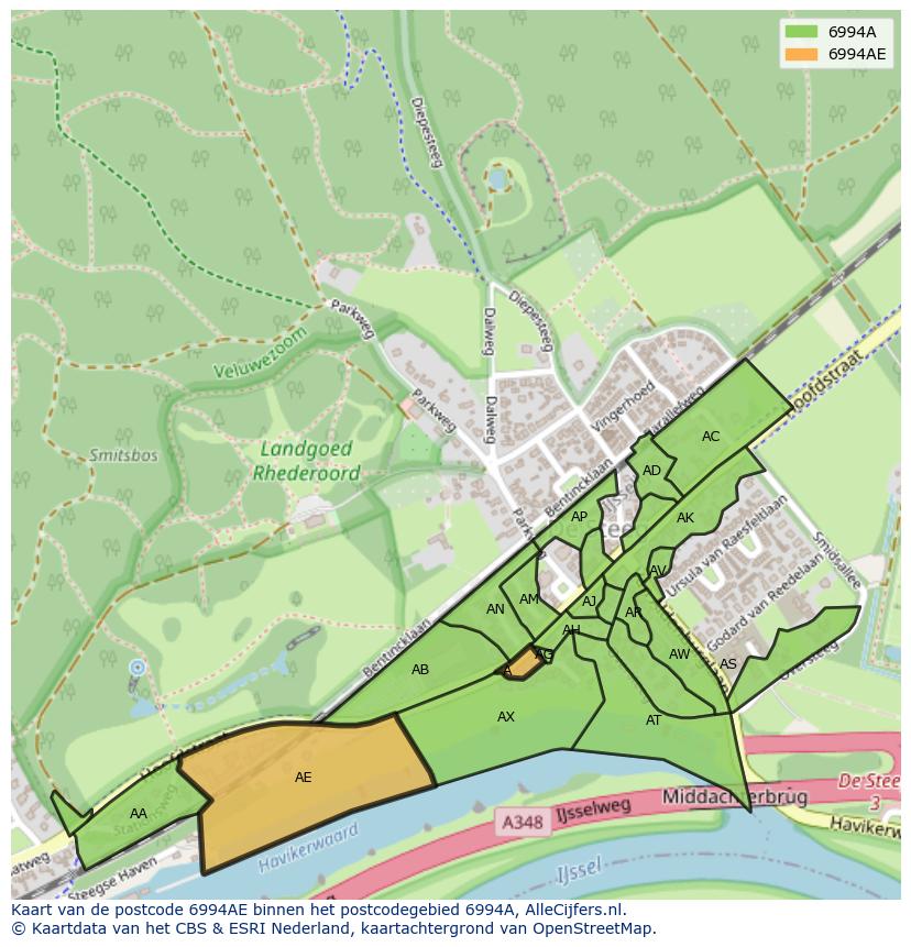 Afbeelding van het postcodegebied 6994 AE op de kaart.