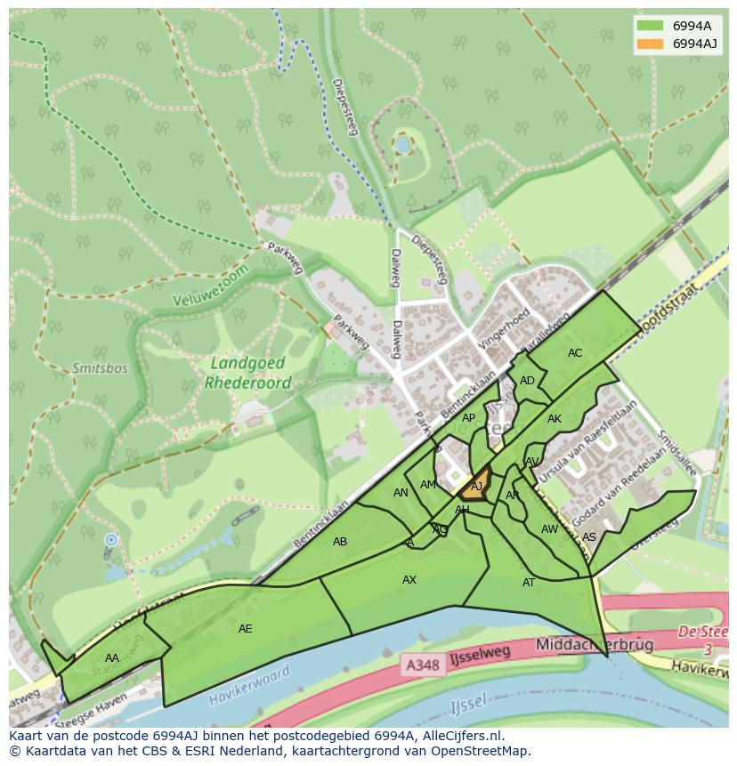 Afbeelding van het postcodegebied 6994 AJ op de kaart.