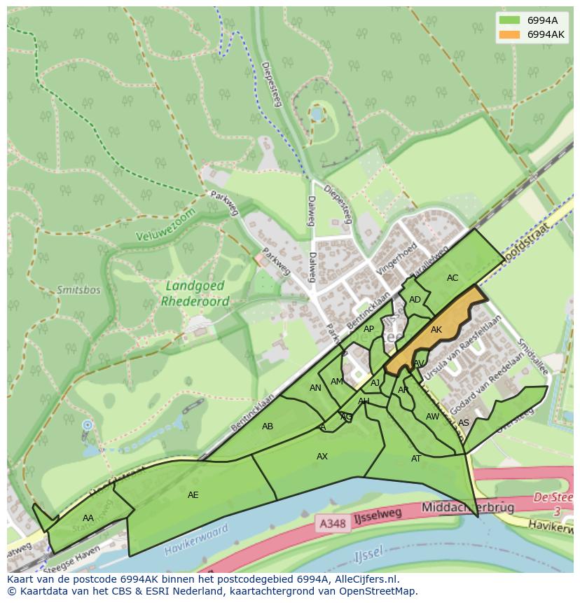 Afbeelding van het postcodegebied 6994 AK op de kaart.