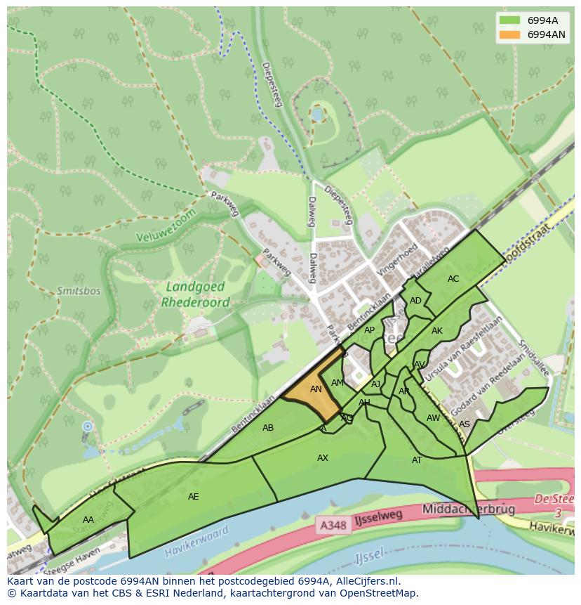 Afbeelding van het postcodegebied 6994 AN op de kaart.