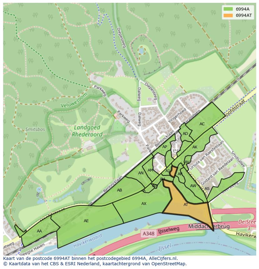 Afbeelding van het postcodegebied 6994 AT op de kaart.