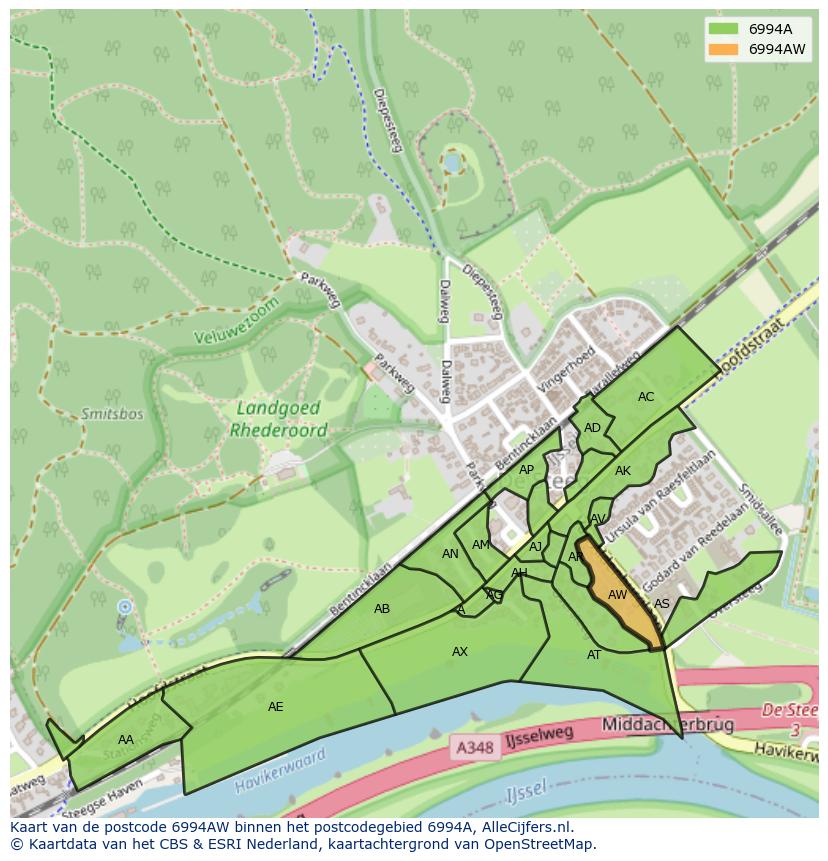 Afbeelding van het postcodegebied 6994 AW op de kaart.