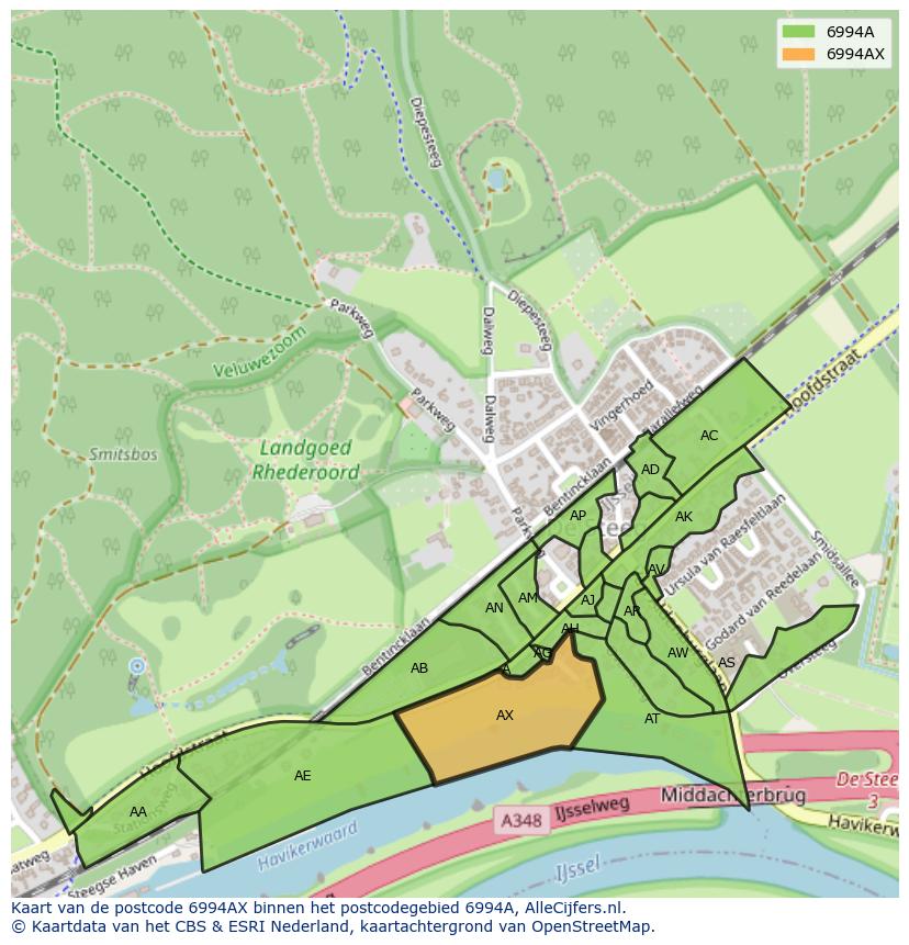 Afbeelding van het postcodegebied 6994 AX op de kaart.