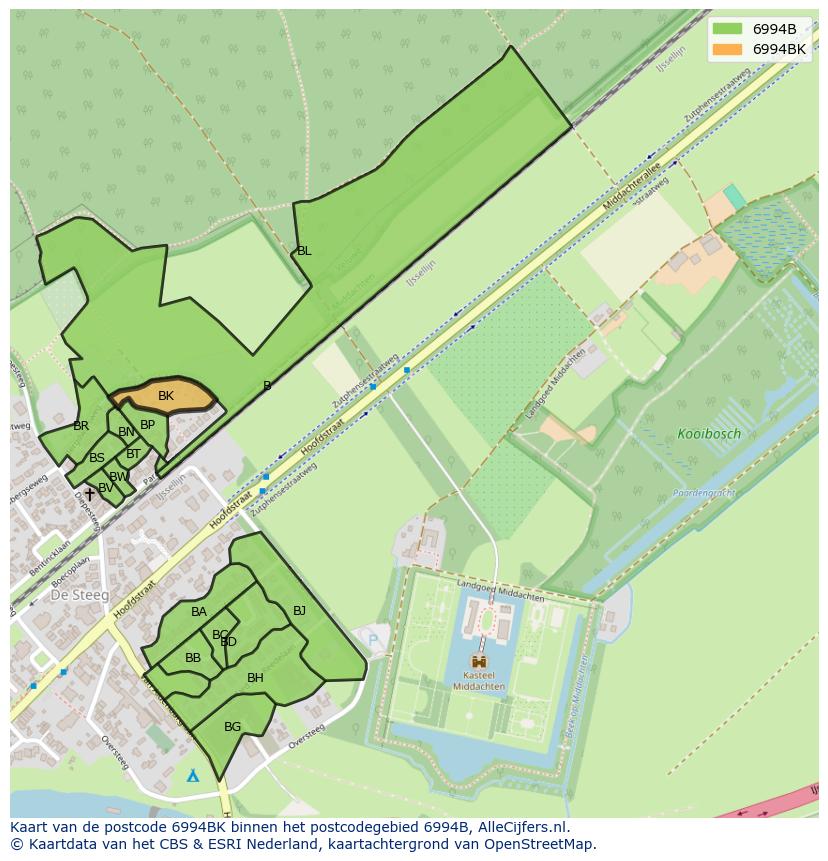 Afbeelding van het postcodegebied 6994 BK op de kaart.