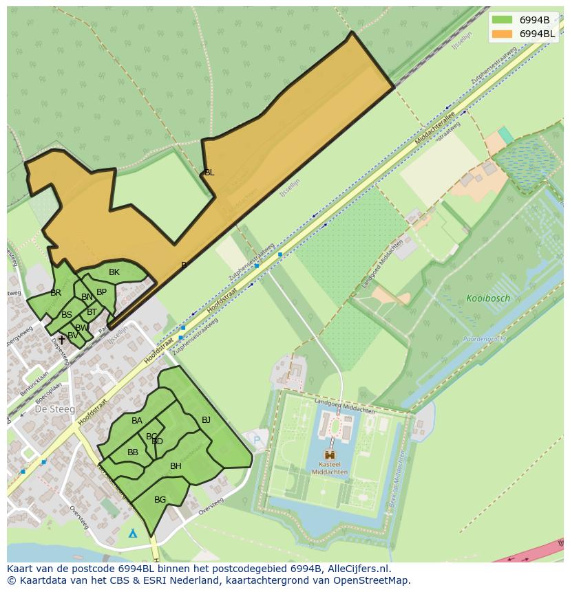 Afbeelding van het postcodegebied 6994 BL op de kaart.