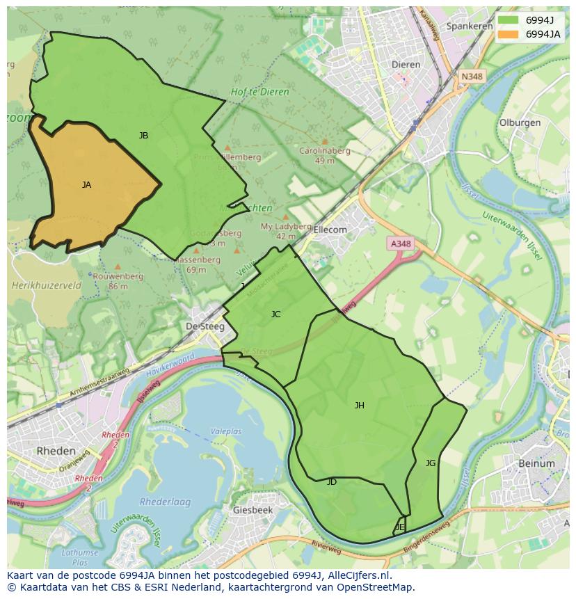 Afbeelding van het postcodegebied 6994 JA op de kaart.