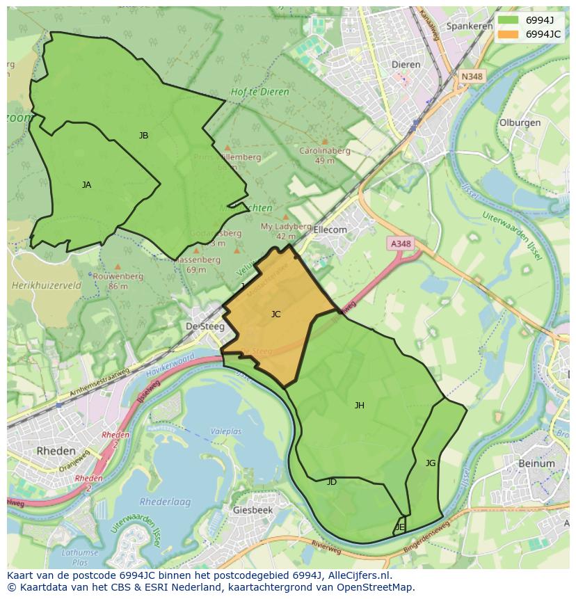 Afbeelding van het postcodegebied 6994 JC op de kaart.