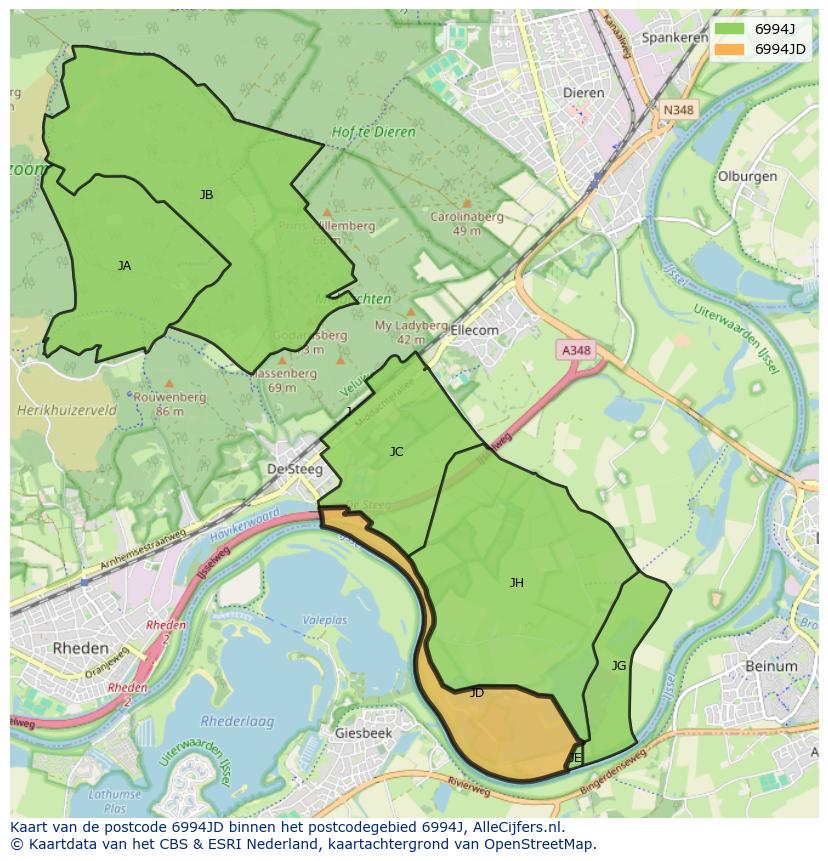Afbeelding van het postcodegebied 6994 JD op de kaart.