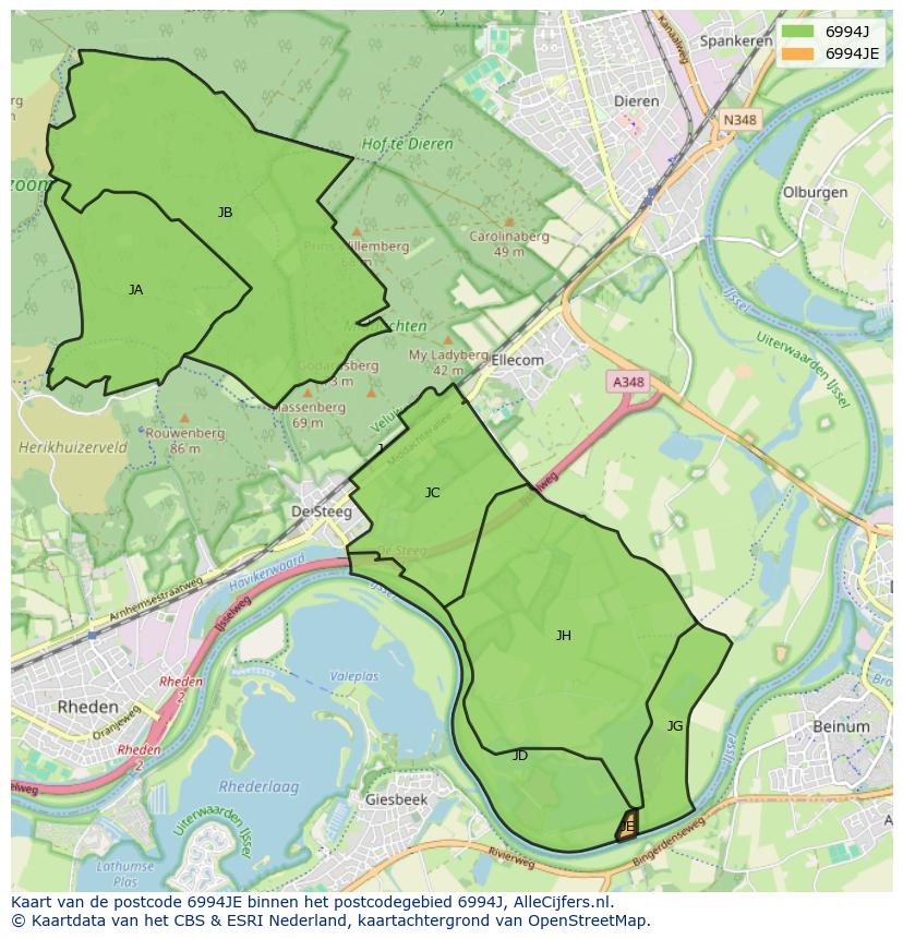Afbeelding van het postcodegebied 6994 JE op de kaart.