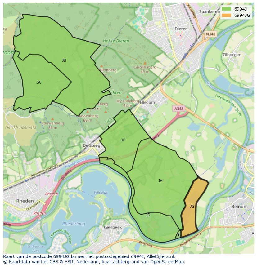 Afbeelding van het postcodegebied 6994 JG op de kaart.