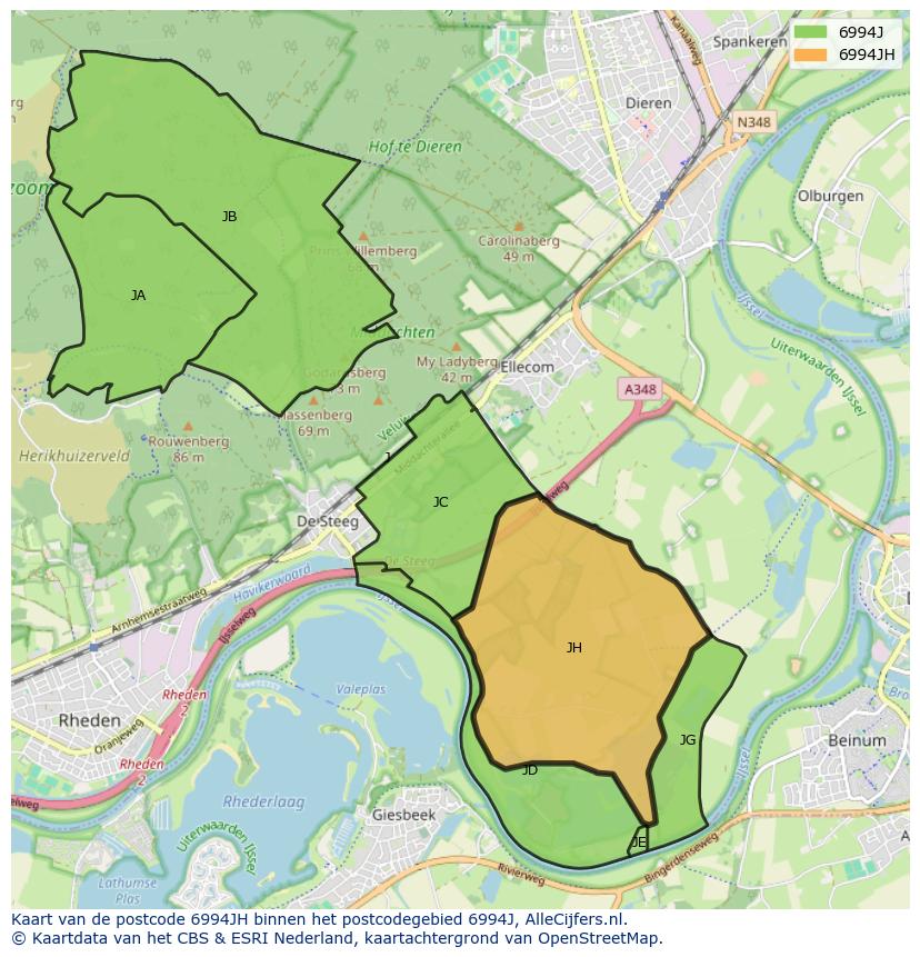 Afbeelding van het postcodegebied 6994 JH op de kaart.