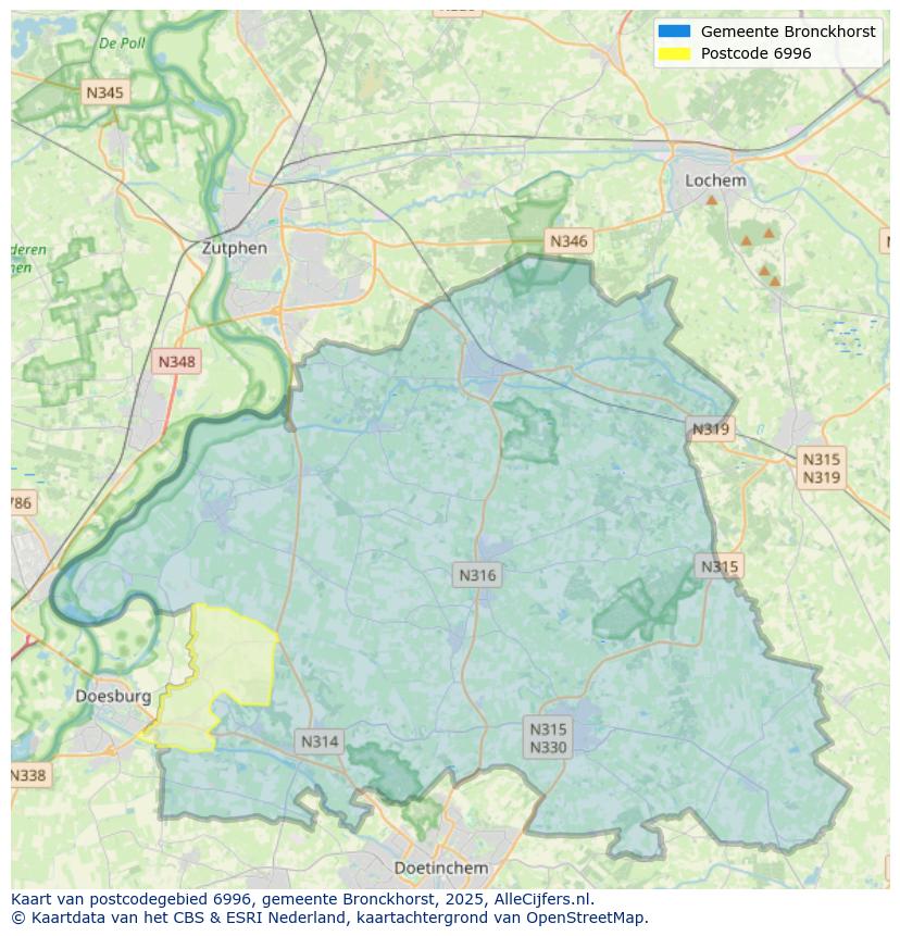 Afbeelding van het postcodegebied 6996 op de kaart.