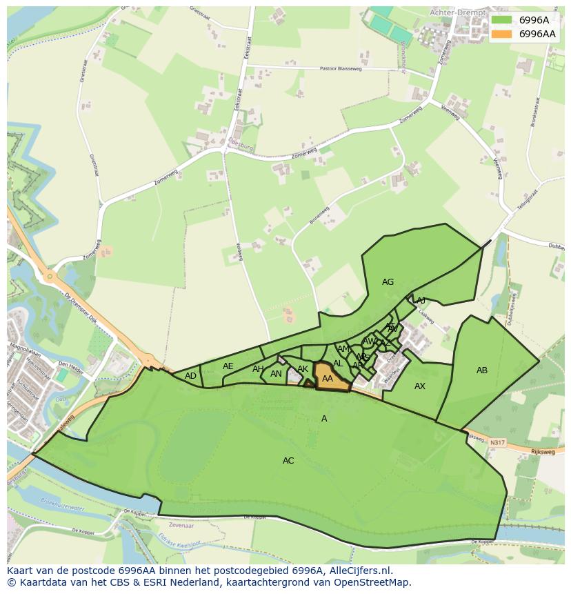 Afbeelding van het postcodegebied 6996 AA op de kaart.