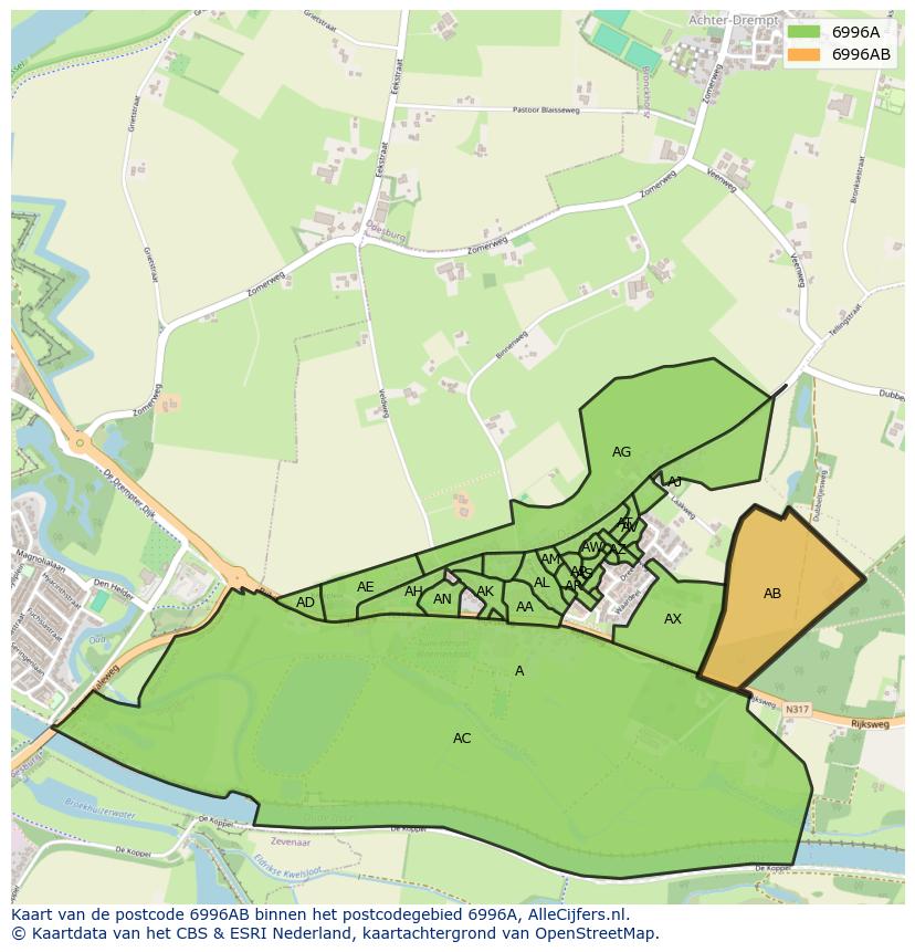 Afbeelding van het postcodegebied 6996 AB op de kaart.