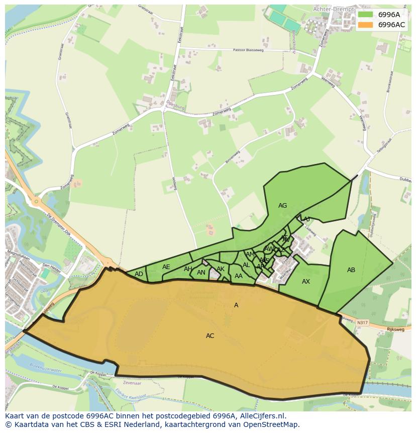 Afbeelding van het postcodegebied 6996 AC op de kaart.