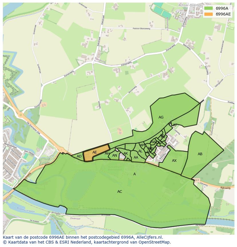 Afbeelding van het postcodegebied 6996 AE op de kaart.