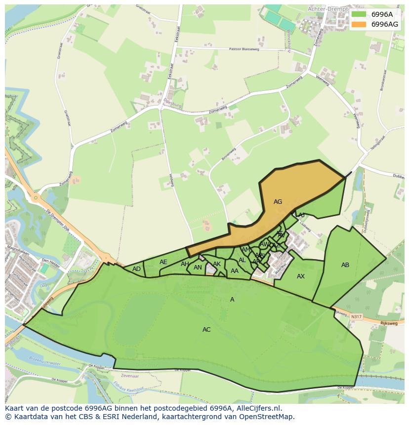 Afbeelding van het postcodegebied 6996 AG op de kaart.