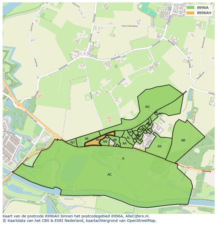 Afbeelding van het postcodegebied 6996 AH op de kaart.