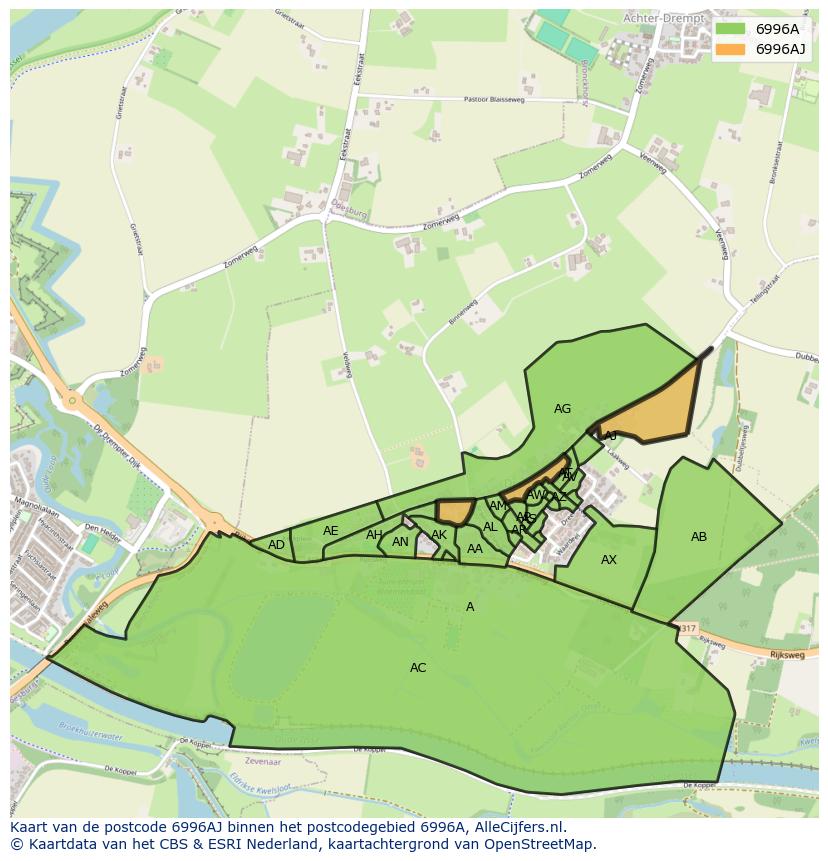 Afbeelding van het postcodegebied 6996 AJ op de kaart.