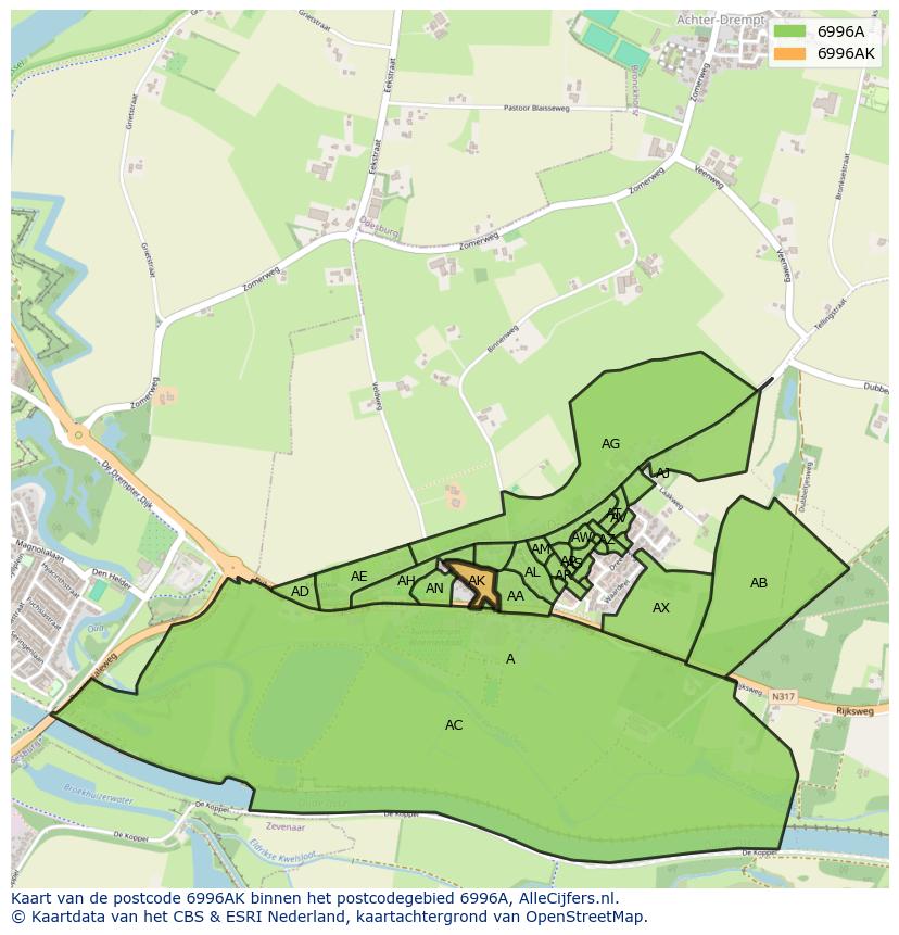 Afbeelding van het postcodegebied 6996 AK op de kaart.