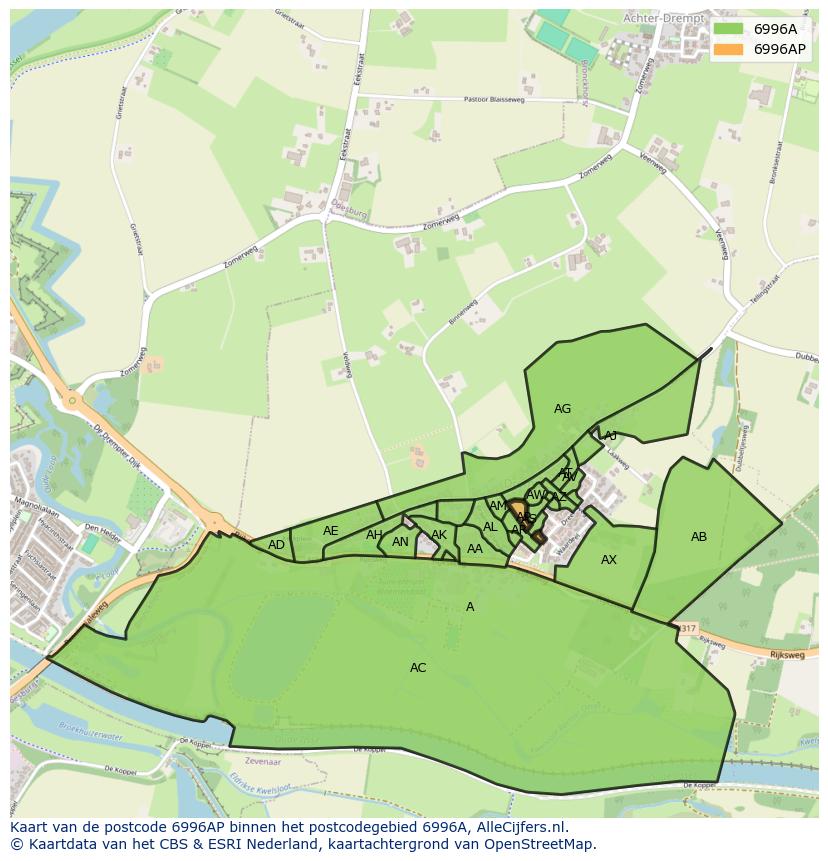 Afbeelding van het postcodegebied 6996 AP op de kaart.