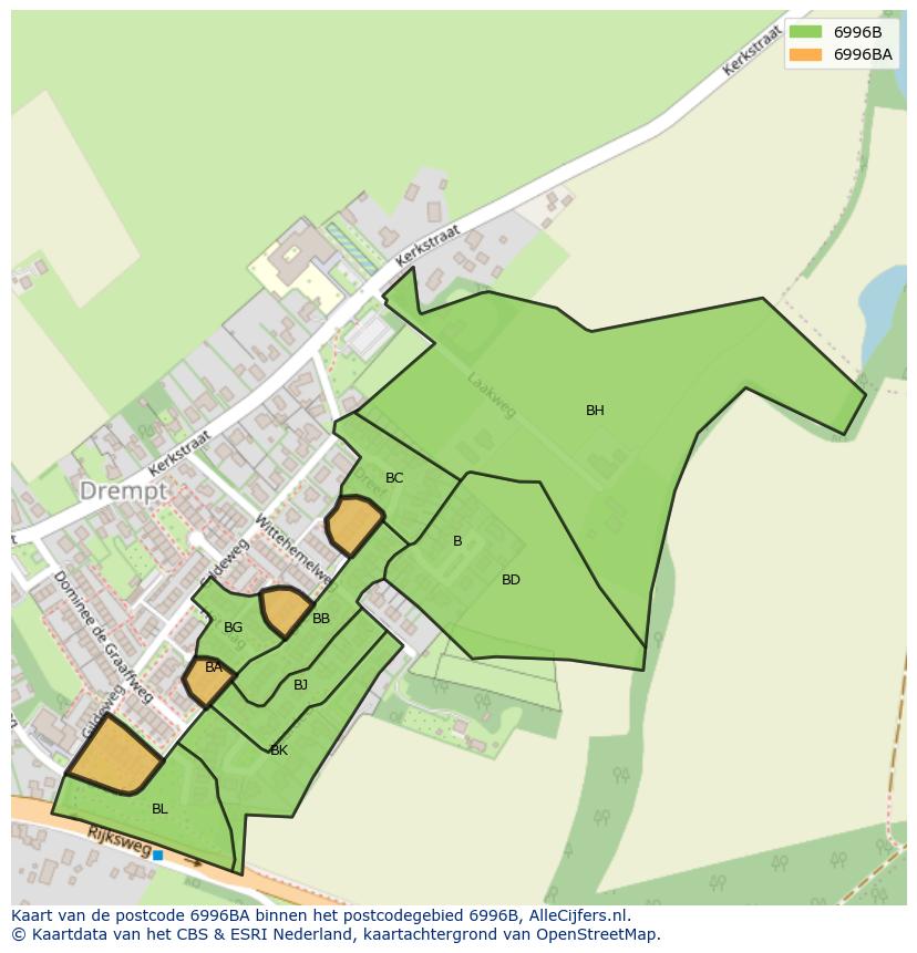 Afbeelding van het postcodegebied 6996 BA op de kaart.