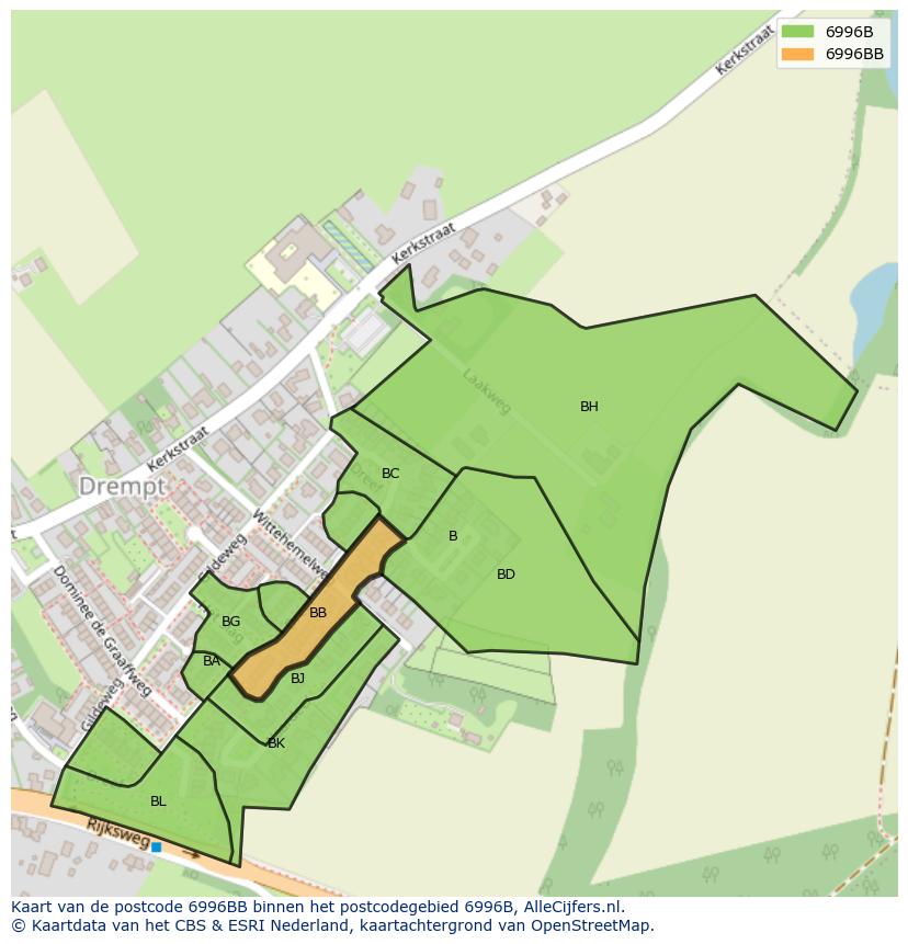 Afbeelding van het postcodegebied 6996 BB op de kaart.